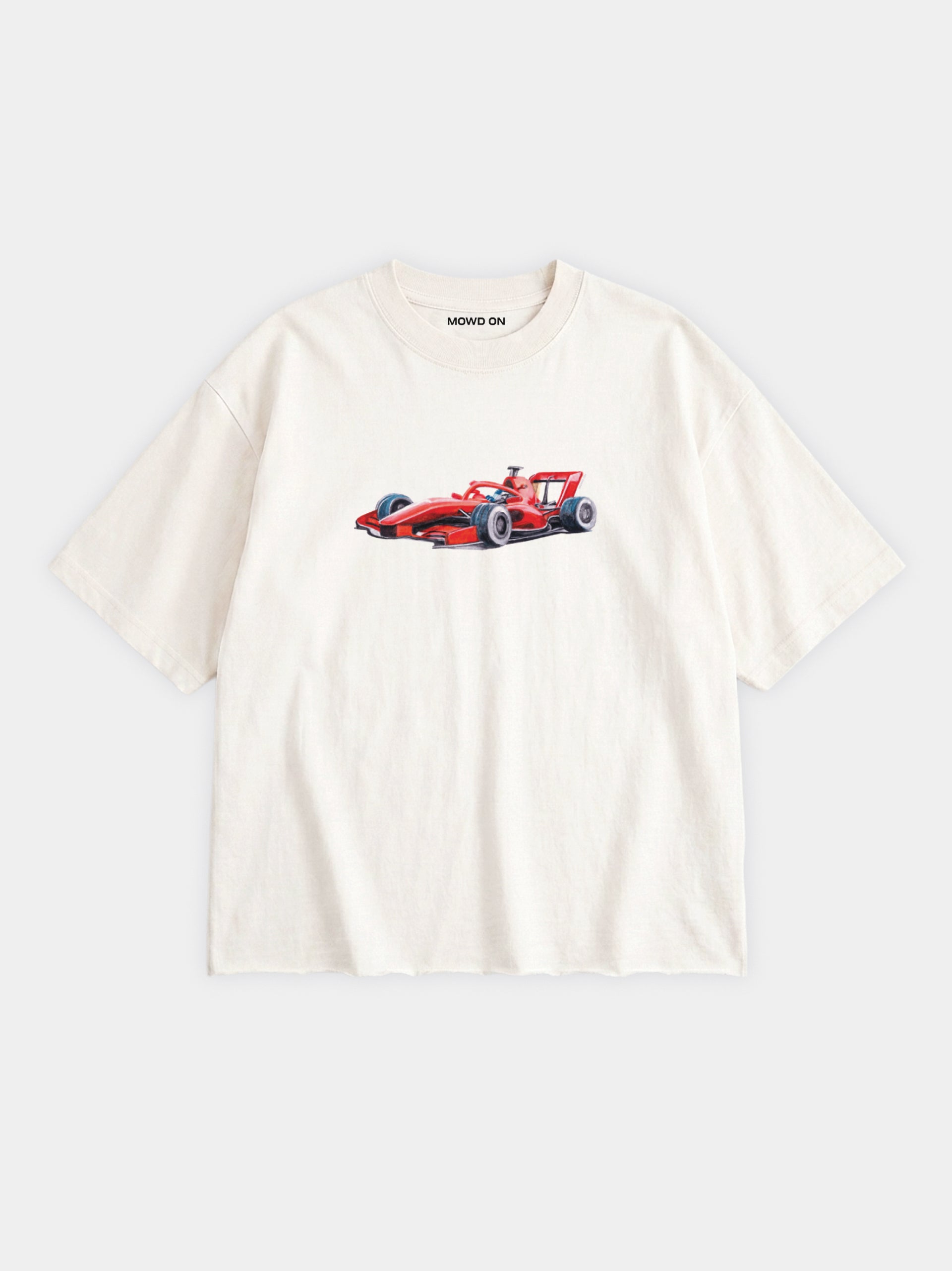 Grand Prix, hand-painted art printed on 100% cotton boxy, cropped tee. Off-white, raw hem finish, red racing car print. 