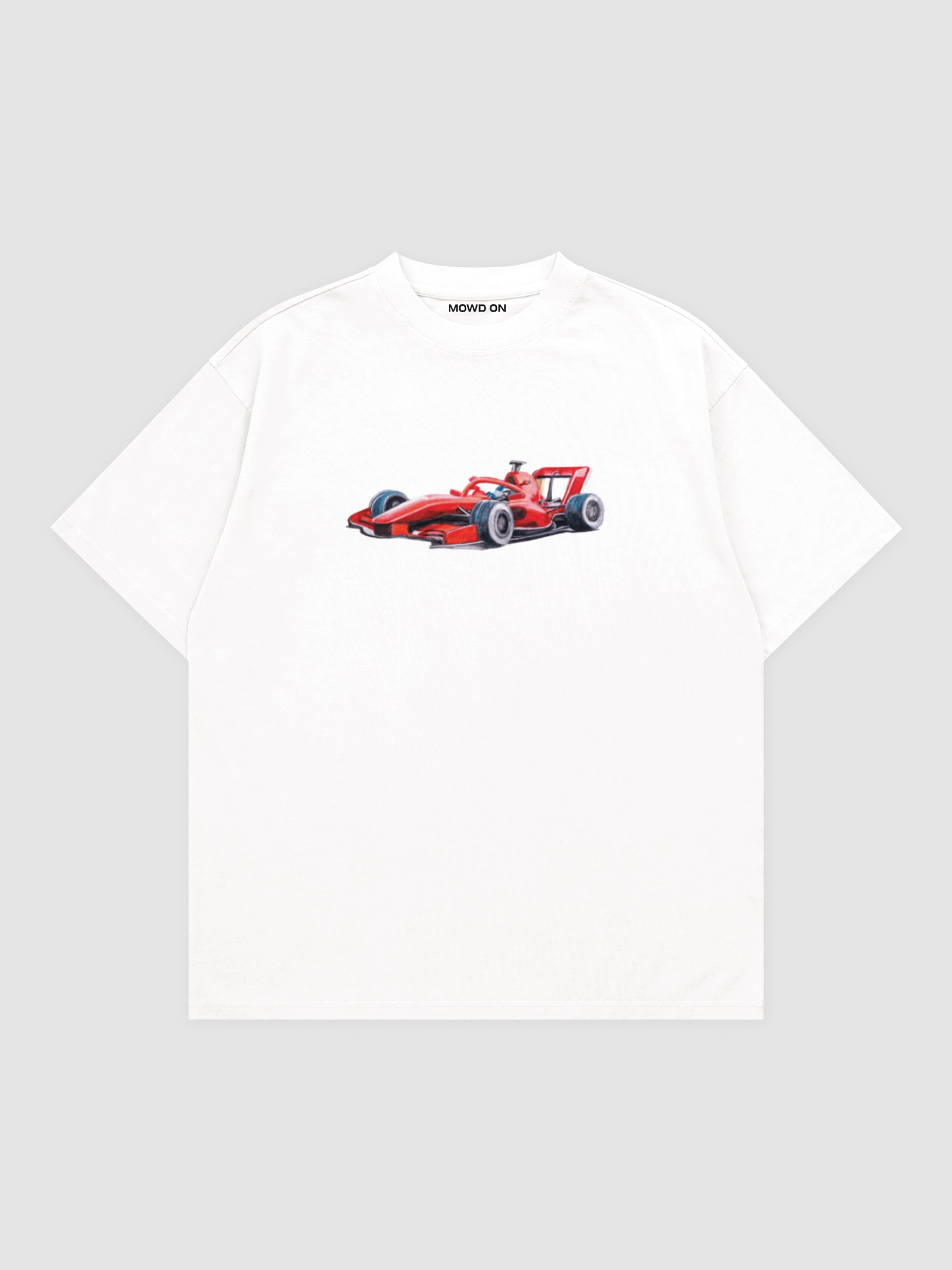 Grand Prix, hand-painted art printed on 100% cotton oversized tee. White, 220 GSM, red racing car print. 