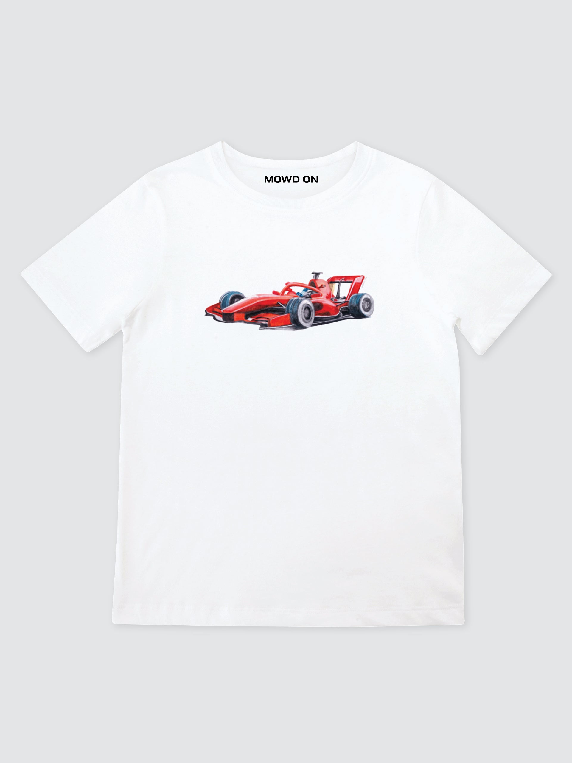 Grand Prix, hand-painted art printed on fitted and cropped, baby tee. White, stretchy, red racing car print. 